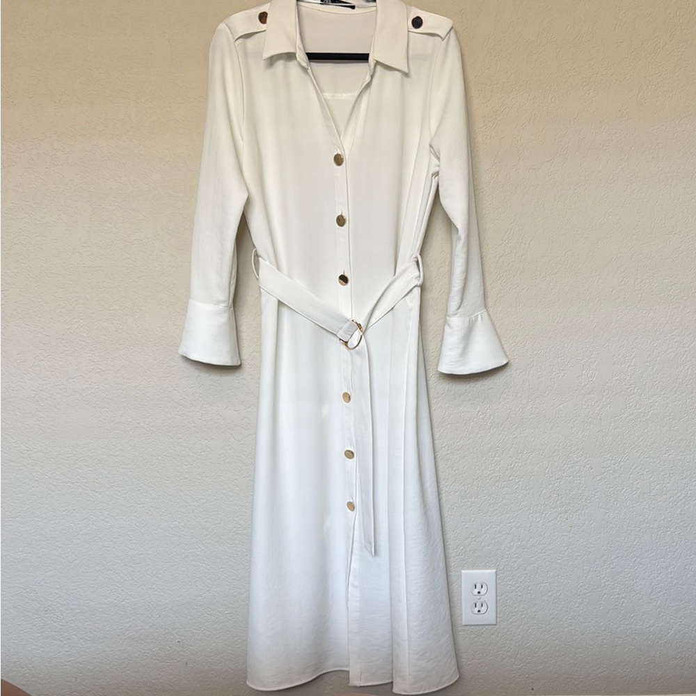 Zara Midi White Long Sleeve Button Dress